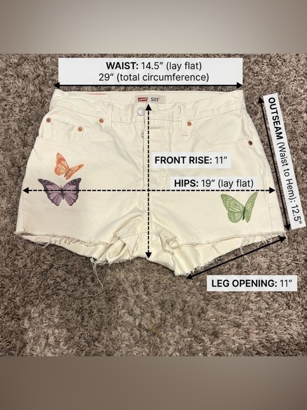 Levi's Cream Denim Shorts with Orange Purple and Green Butterfly Prints - Picture 4 of 4
